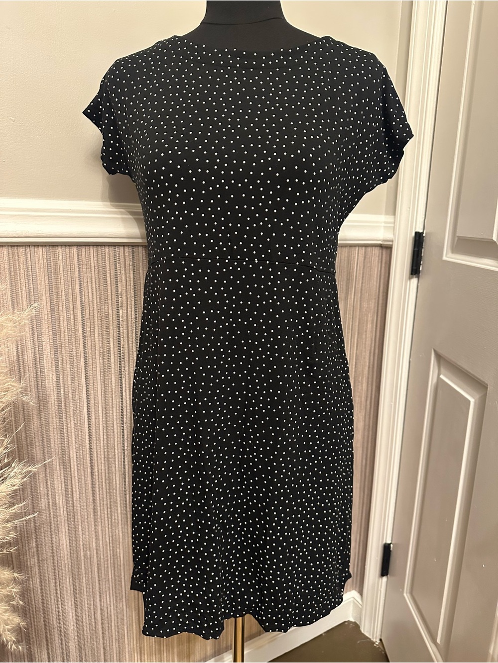 J Jill WearEver XS Petite Black Polka Dot Fit Flare Dress Pockets